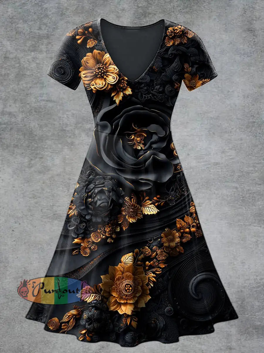 Women’s Casual V-Neck Short Sleeve Floral Print Short Sleeve Dress Black / S