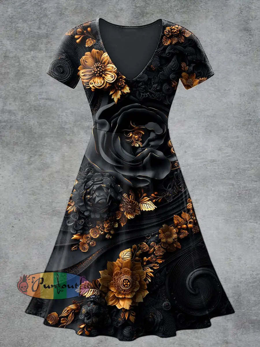 Women’s Casual V-Neck Short Sleeve Floral Print Short Sleeve Dress Black / S