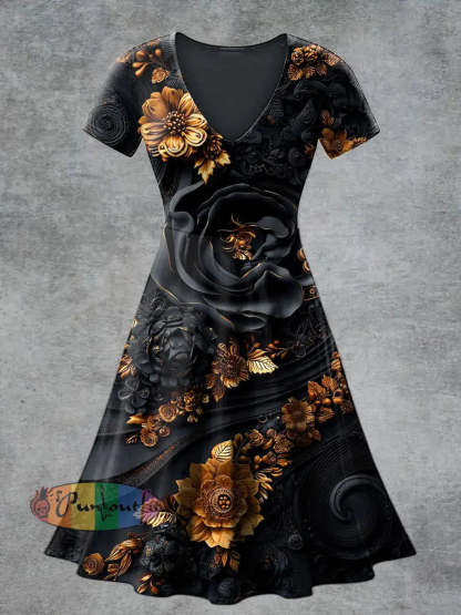 Women’s Casual V-Neck Short Sleeve Floral Print Short Sleeve Dress Black / S