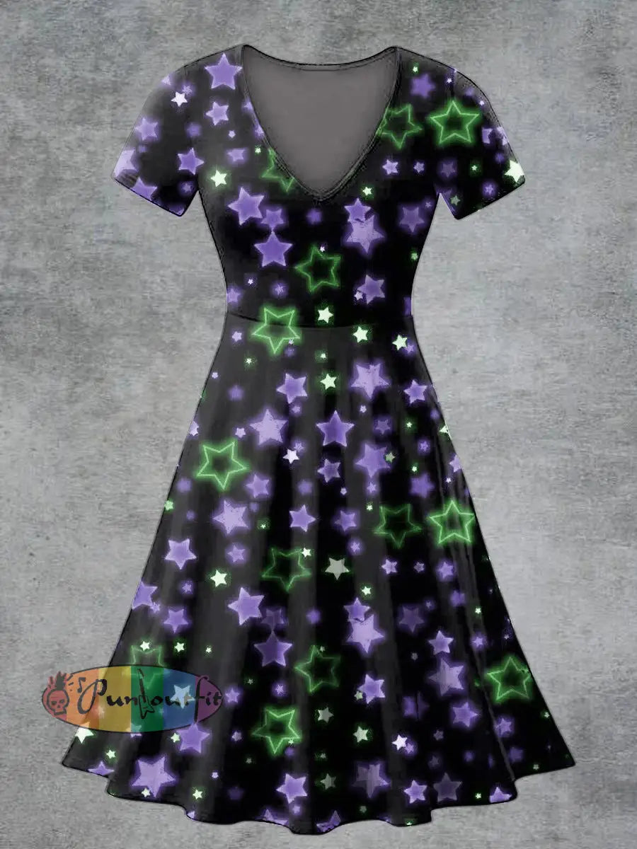 Women’s Casual V Neck Short Sleeve Psychedelic Flame Print Short Sleeve Dress Black / S