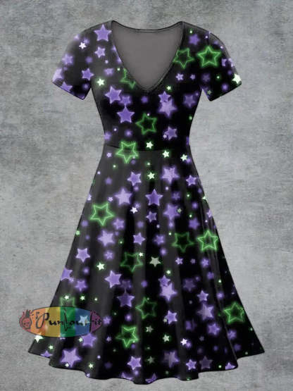 Women’s Casual V Neck Short Sleeve Psychedelic Flame Print Short Sleeve Dress Black / S