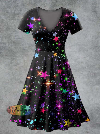 Women’s Casual V Neck Short Sleeve Psychedelic Flame Print Short Sleeve Dress Black / S