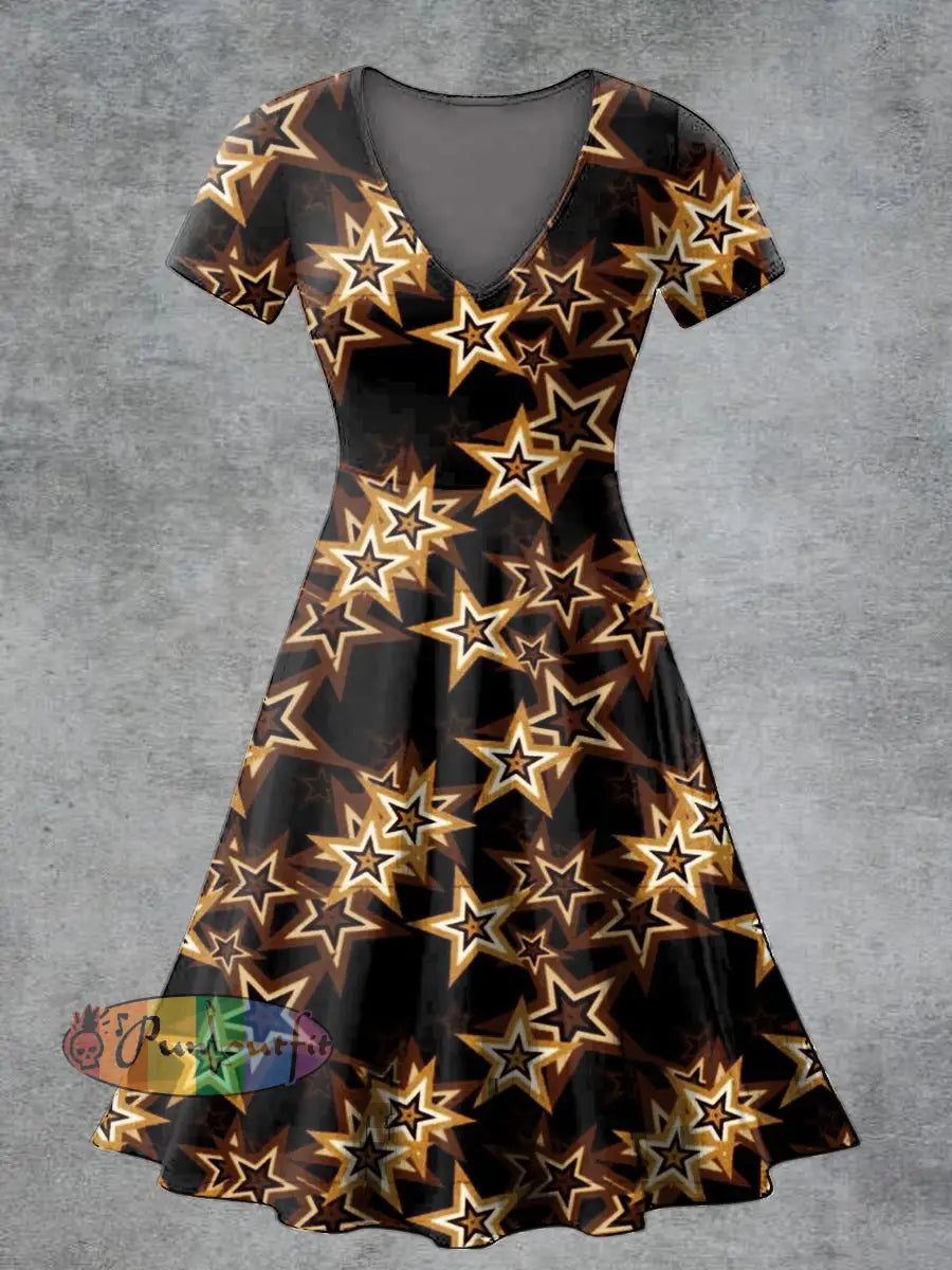 Women’s Casual V Neck Short Sleeve Psychedelic Flame Print Short Sleeve Dress Golden / S
