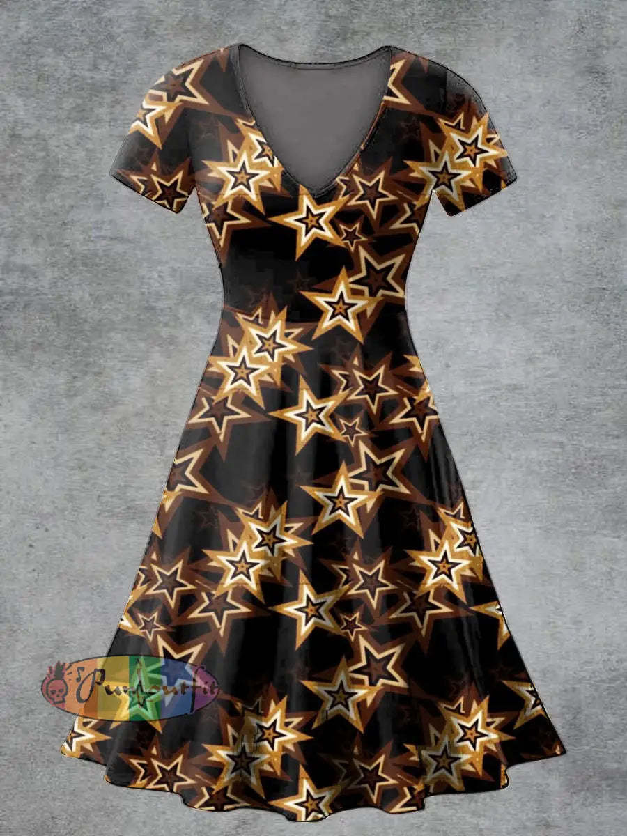 Women’s Casual V Neck Short Sleeve Psychedelic Flame Print Short Sleeve Dress Golden / S