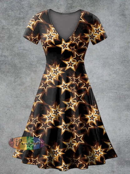 Women’s Casual V Neck Short Sleeve Psychedelic Flame Print Short Sleeve Dress Golden / S