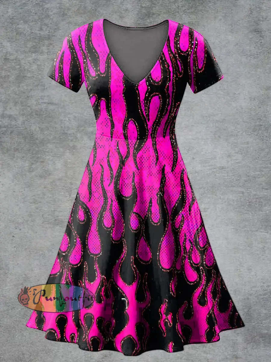 Women’s Casual V Neck Short Sleeve Psychedelic Flame Print Short Sleeve Dress Pink / S