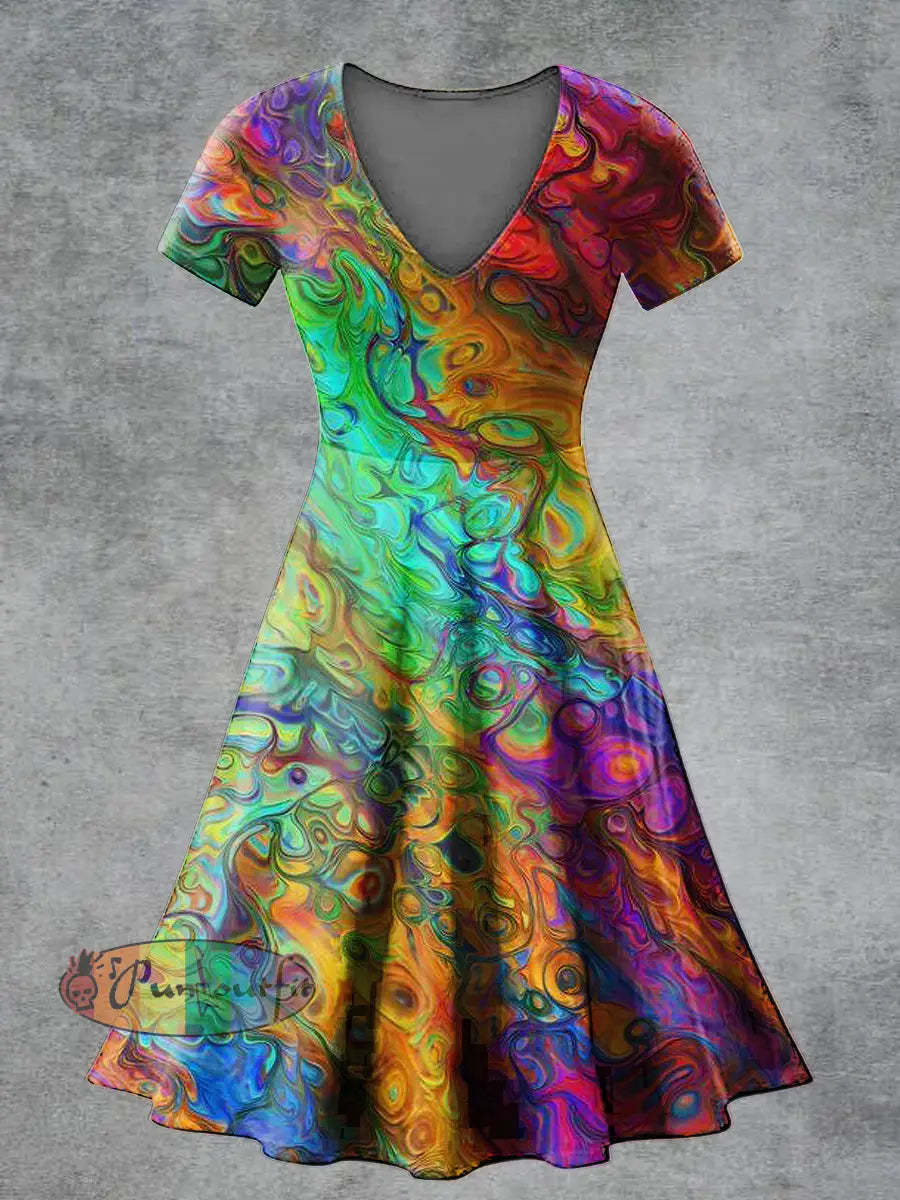 Women’s Casual V Neck Short Sleeve Psychedelic Print Short Sleeve Dress Multicolour / S