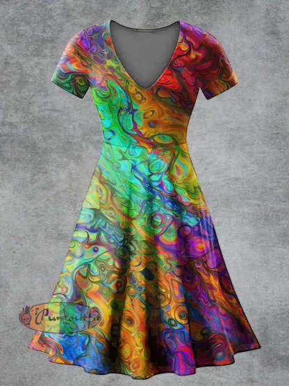 Women’s Casual V Neck Short Sleeve Psychedelic Print Short Sleeve Dress Multicolour / S
