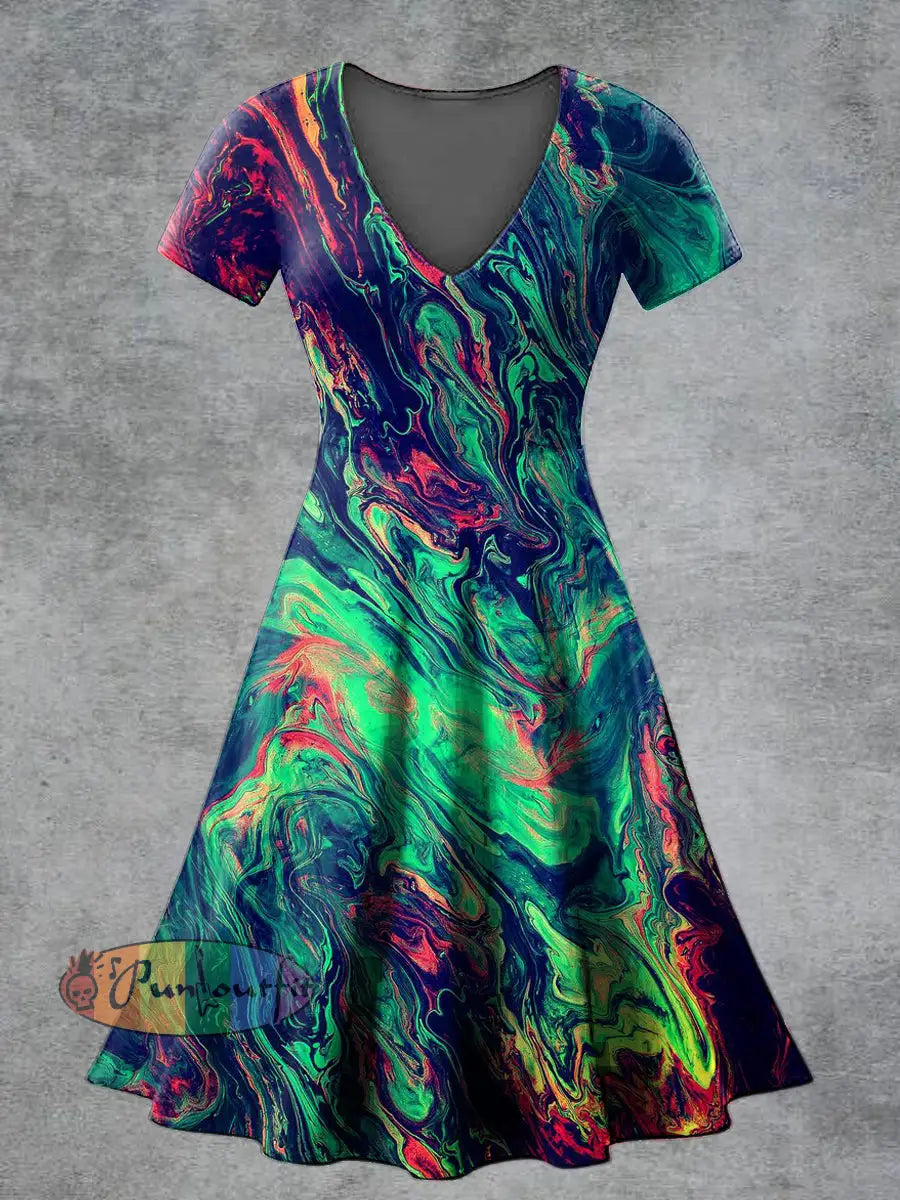 Women’s Casual V Neck Short Sleeve Psychedelic Print Short Sleeve Dress Multicolour / S