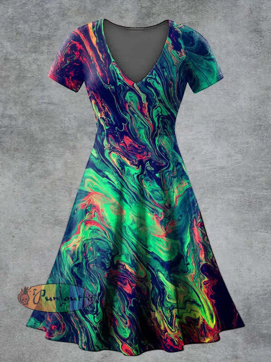 Women’s Casual V Neck Short Sleeve Psychedelic Print Short Sleeve Dress Multicolour / S