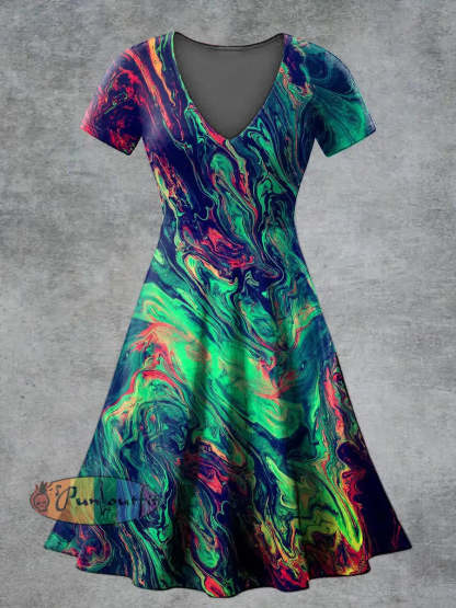 Women’s Casual V Neck Short Sleeve Psychedelic Print Short Sleeve Dress Multicolour / S