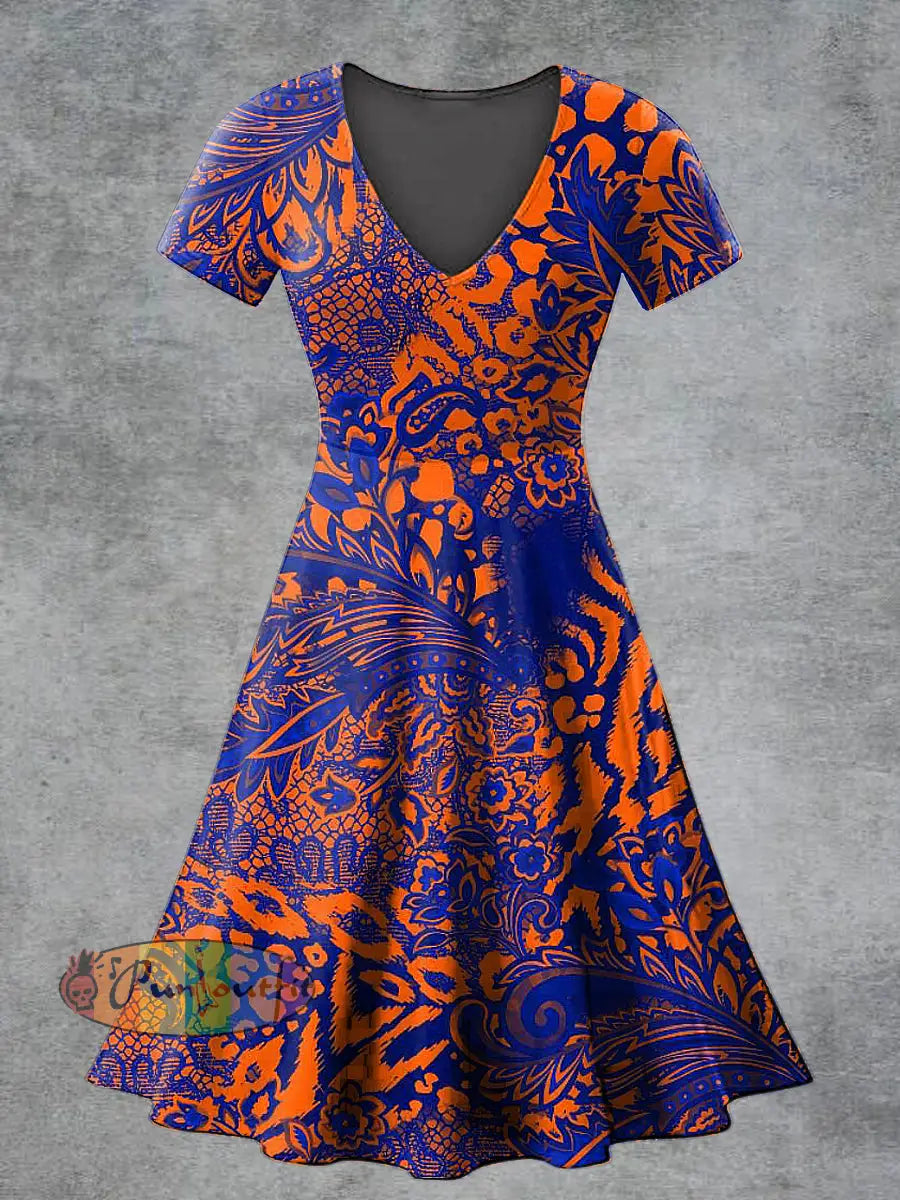 Women’s Casual V Neck Short Sleeve Psychedelic Print Short Sleeve Dress Multicolour / S