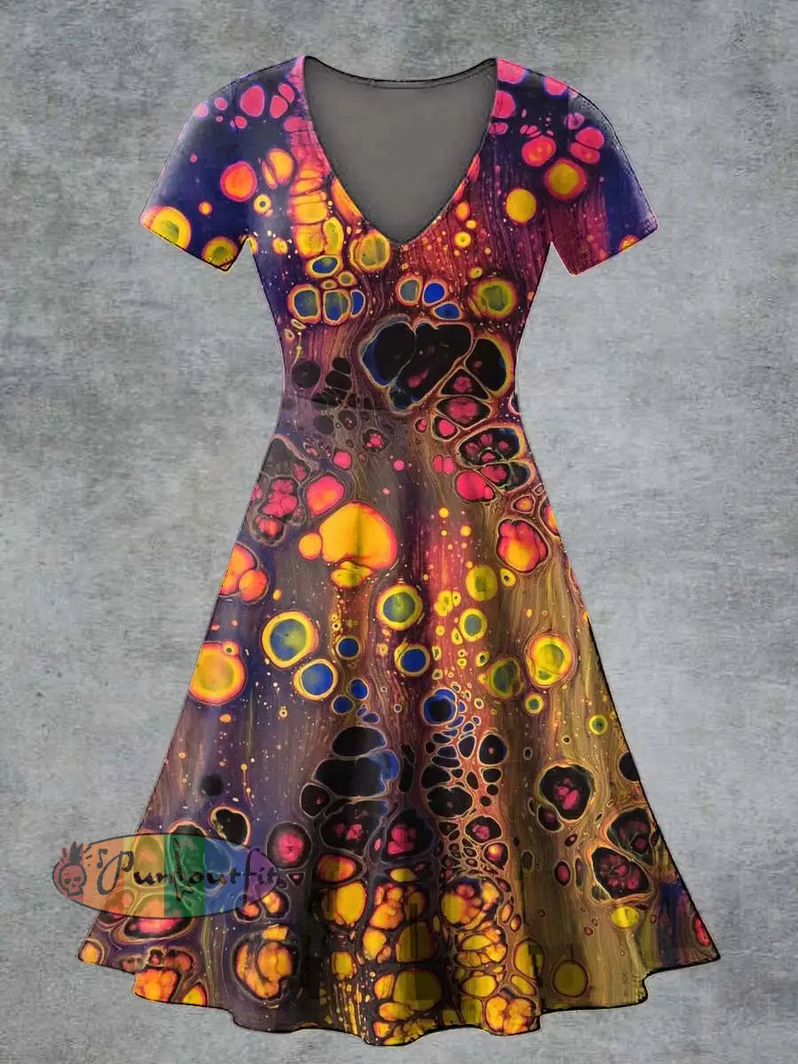 Women’s Casual V Neck Short Sleeve Psychedelic Print Short Sleeve Dress Multicolour / S
