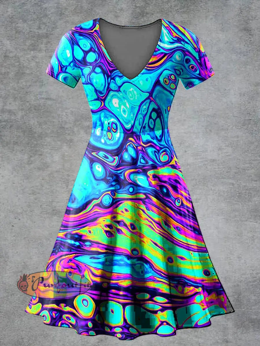 Women’s Casual V Neck Short Sleeve Psychedelic Print Short Sleeve Dress Multicolour / S