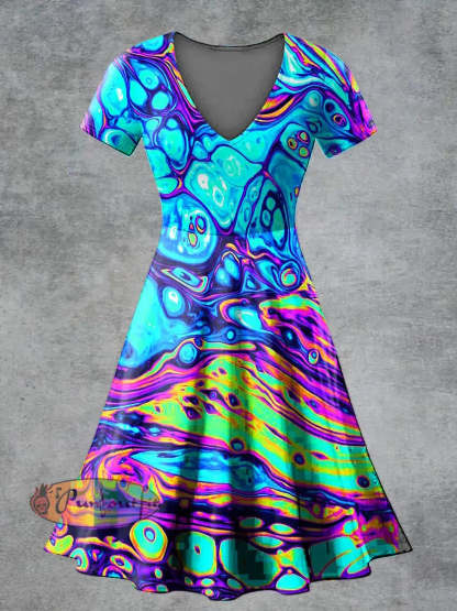 Women’s Casual V Neck Short Sleeve Psychedelic Print Short Sleeve Dress Multicolour / S
