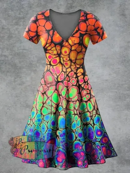 Women’s Casual V Neck Short Sleeve Psychedelic Print Short Sleeve Dress Multicolour / S