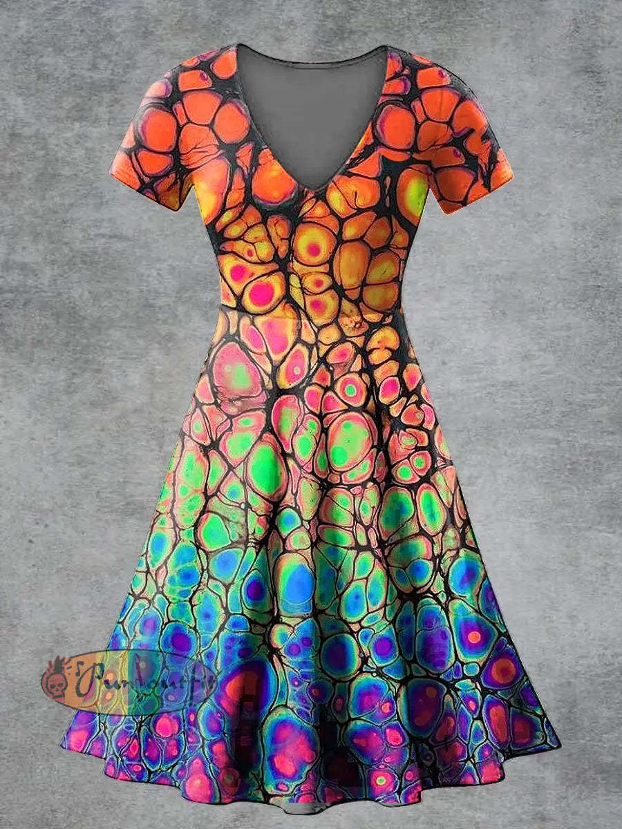 Women’s Casual V Neck Short Sleeve Psychedelic Print Short Sleeve Dress Multicolour / S