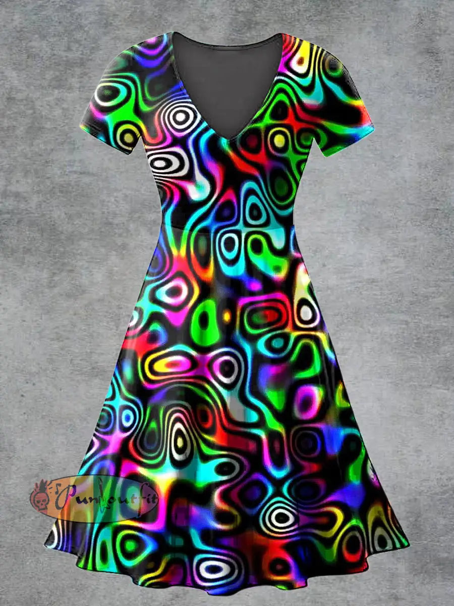 Women’s Casual V Neck Short Sleeve Psychedelic Print Short Sleeve Dress Multicolour / S