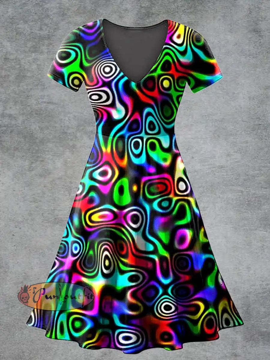 Women’s Casual V Neck Short Sleeve Psychedelic Print Short Sleeve Dress Multicolour / S