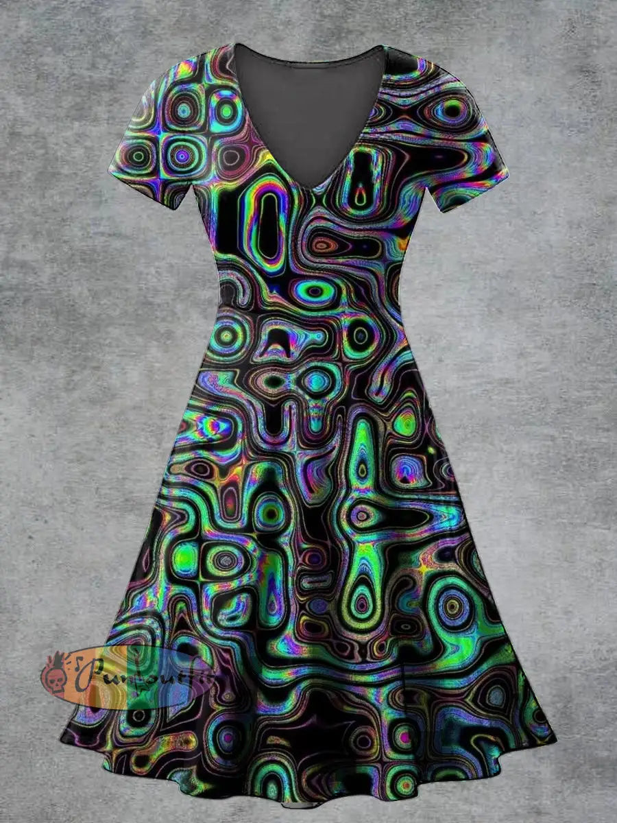 Women’s Casual V Neck Short Sleeve Psychedelic Print Short Sleeve Dress Multicolour / S