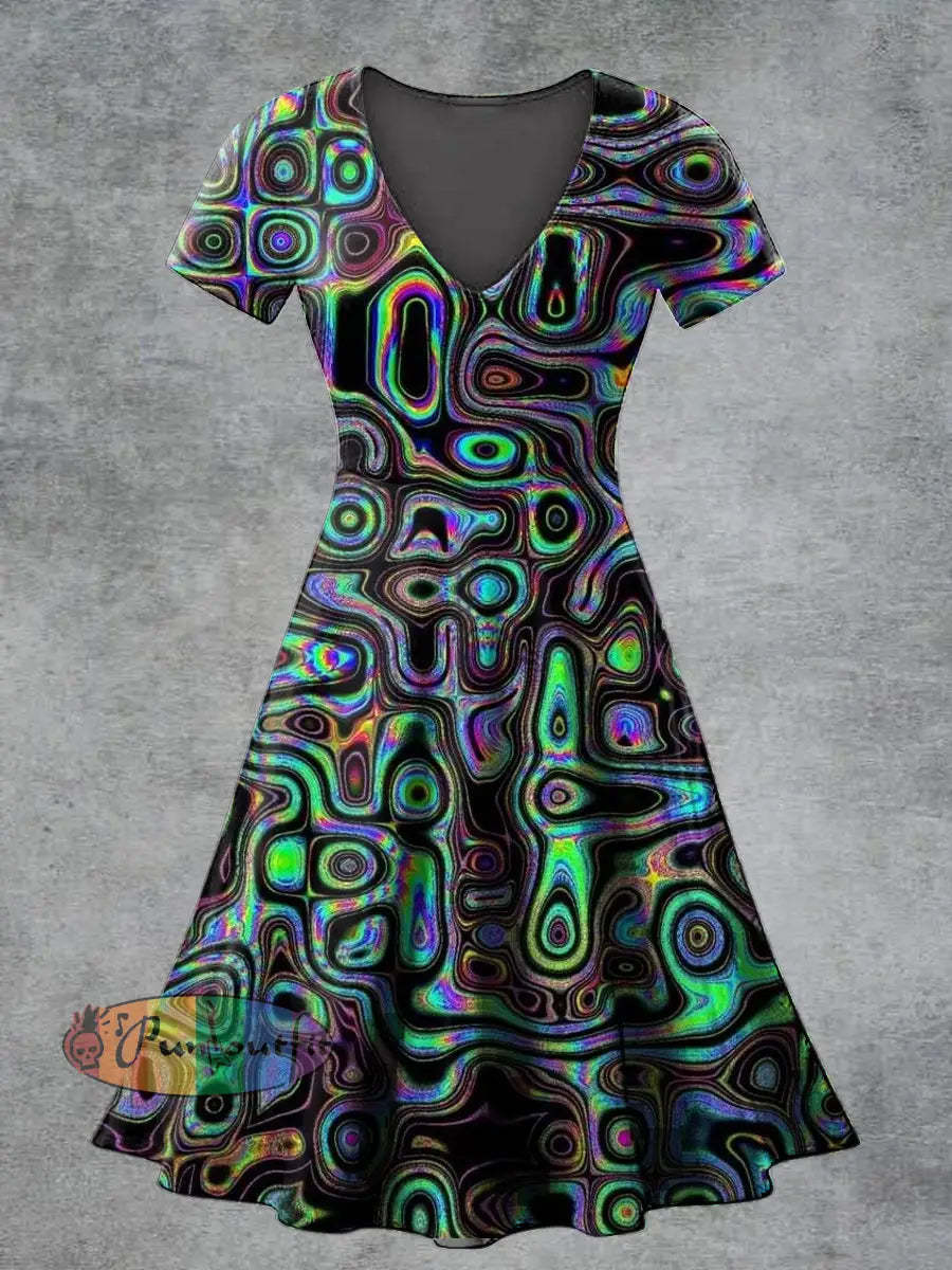 Women’s Casual V Neck Short Sleeve Psychedelic Print Short Sleeve Dress Multicolour / S