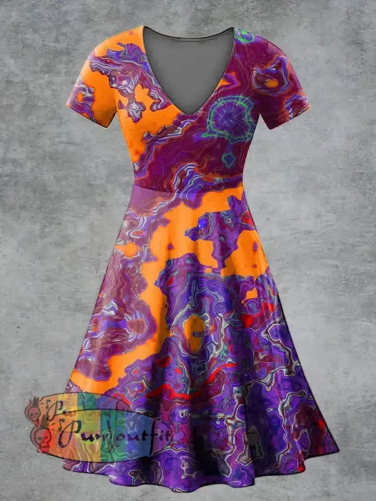 Women’s Casual V Neck Short Sleeve Psychedelic Print Short Sleeve Dress Multicolour / S