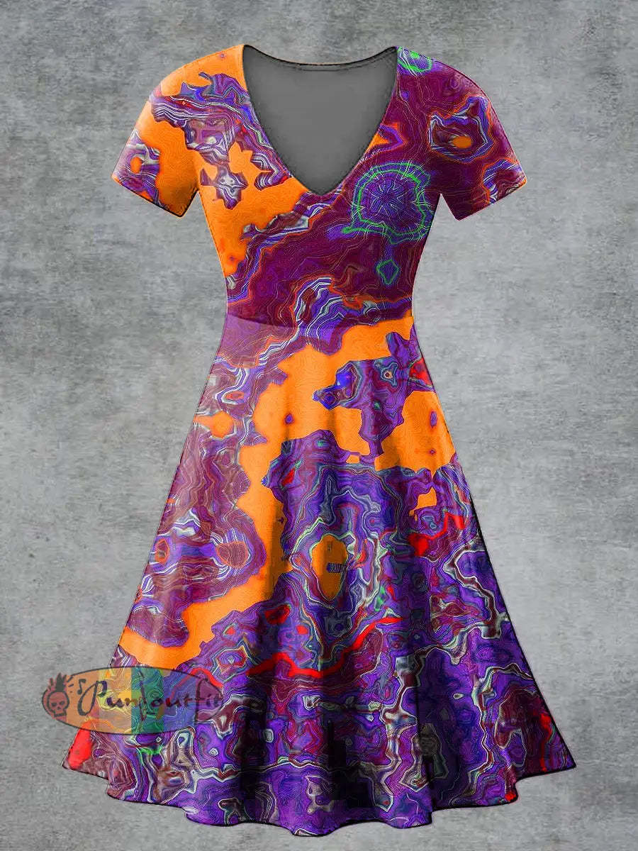 Women’s Casual V Neck Short Sleeve Psychedelic Print Short Sleeve Dress Multicolour / S