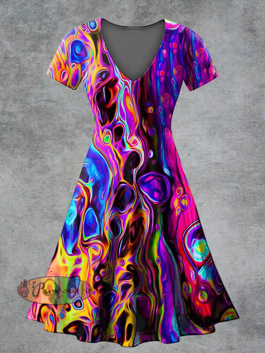 Women’s Casual V Neck Short Sleeve Psychedelic Print Short Sleeve Dress Multicolour / S