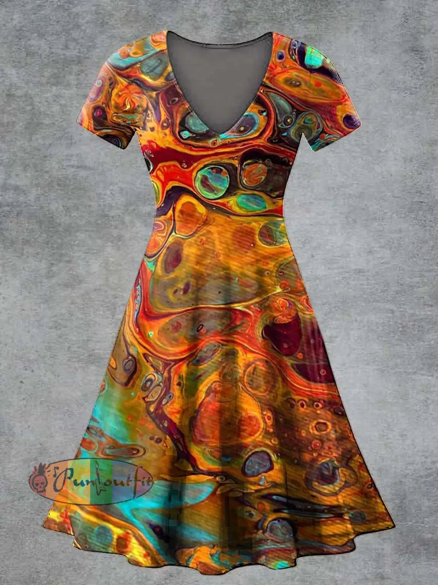 Women’s Casual V Neck Short Sleeve Psychedelic Print Short Sleeve Dress Multicolour / S