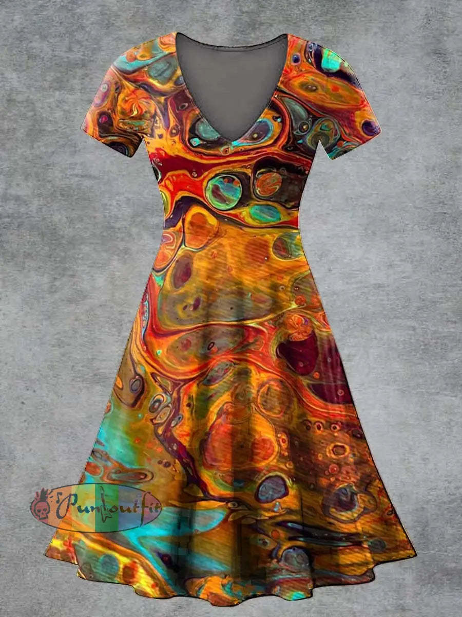 Women’s Casual V Neck Short Sleeve Psychedelic Print Short Sleeve Dress Multicolour / S