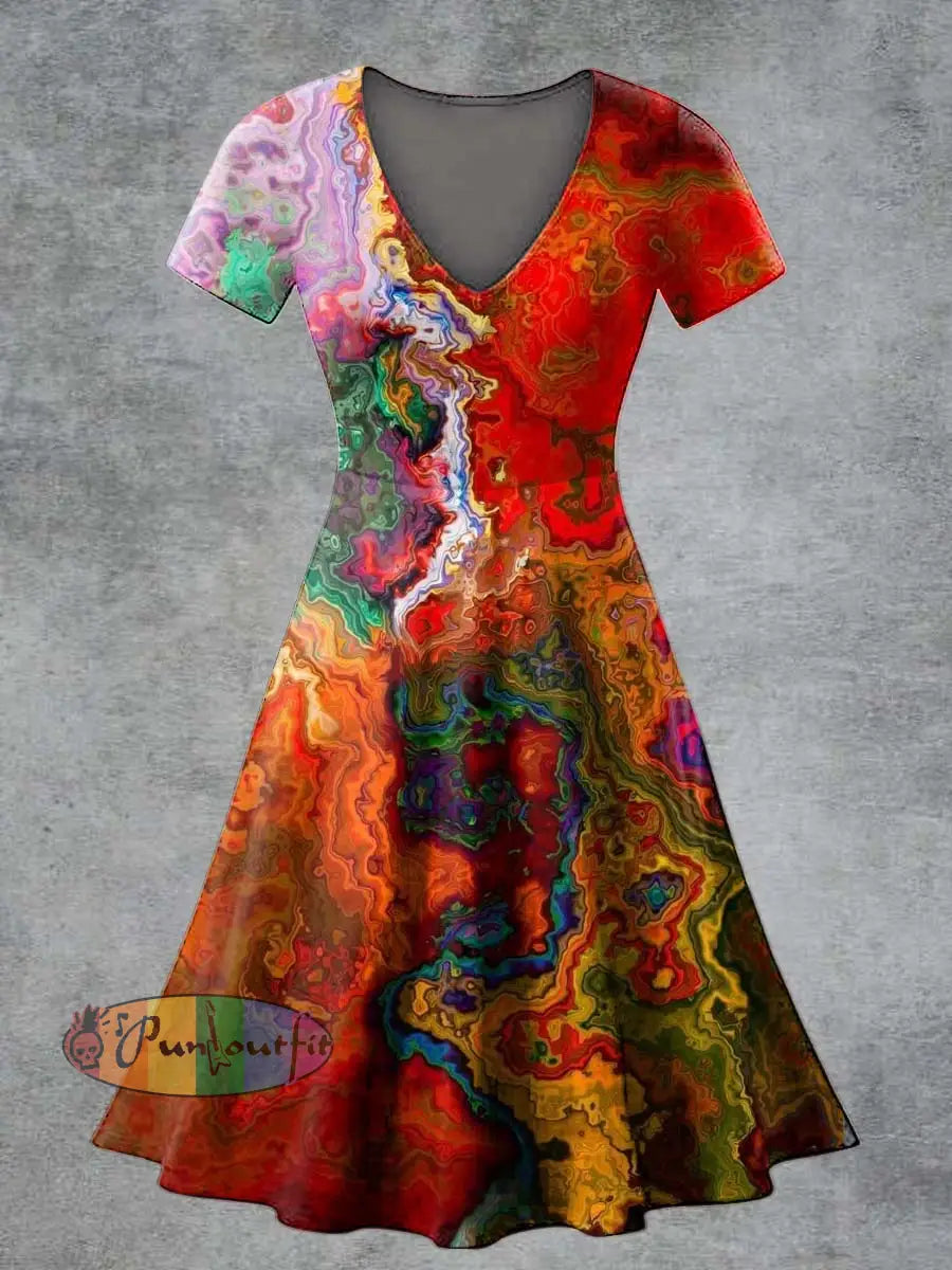 Women’s Casual V Neck Short Sleeve Psychedelic Print Short Sleeve Dress Multicolour / S