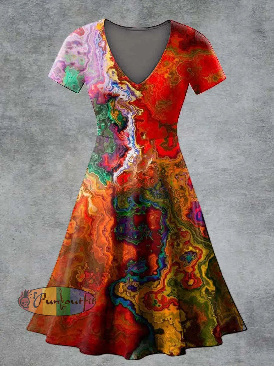 Women’s Casual V Neck Short Sleeve Psychedelic Print Short Sleeve Dress Multicolour / S