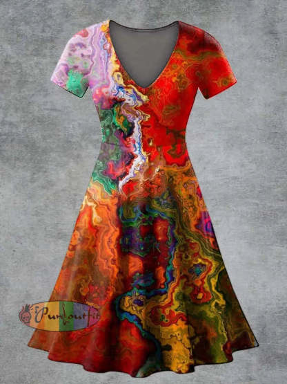 Women’s Casual V Neck Short Sleeve Psychedelic Print Short Sleeve Dress Multicolour / S