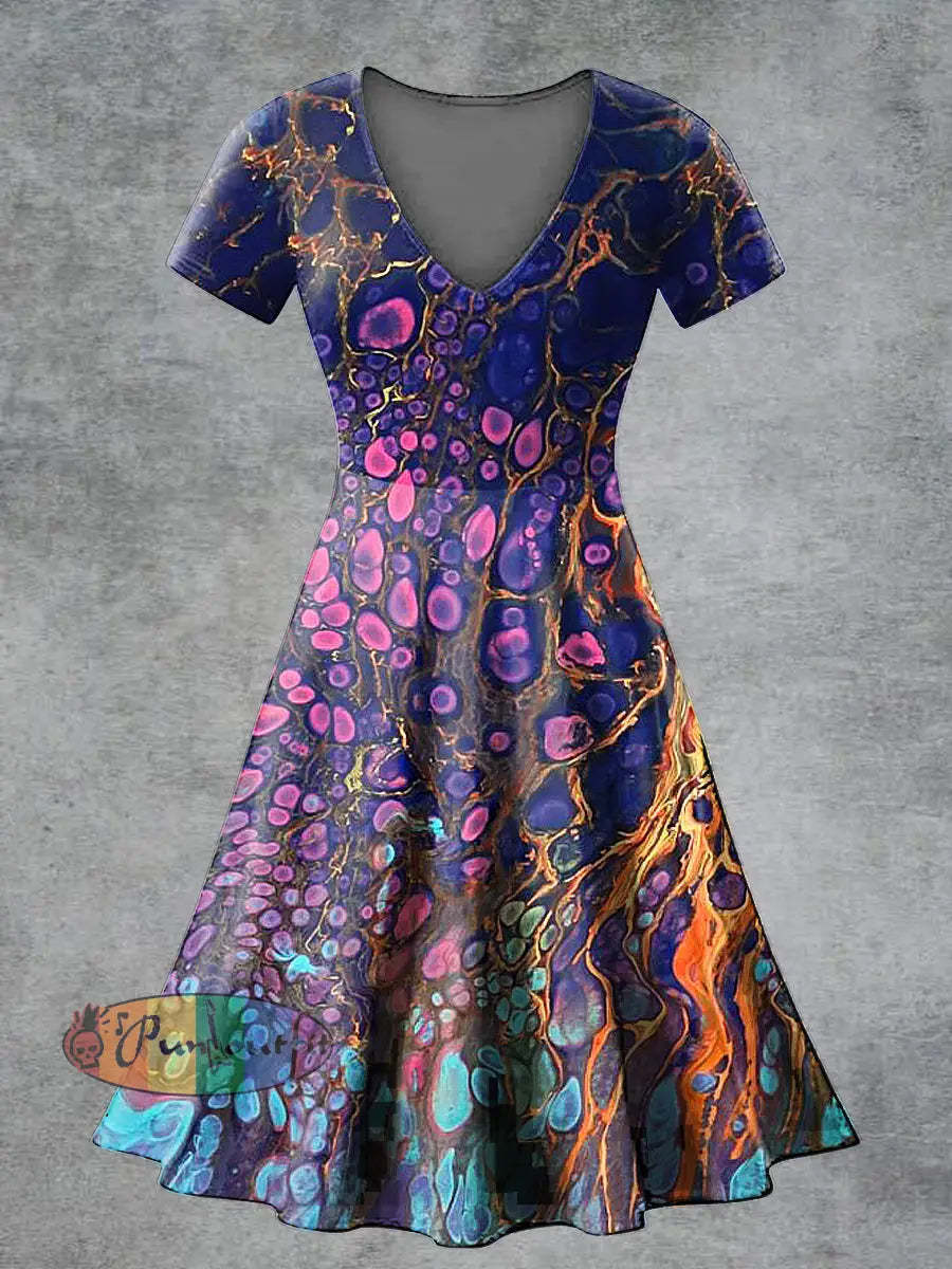 Women’s Casual V Neck Short Sleeve Psychedelic Print Short Sleeve Dress Multicolour / S