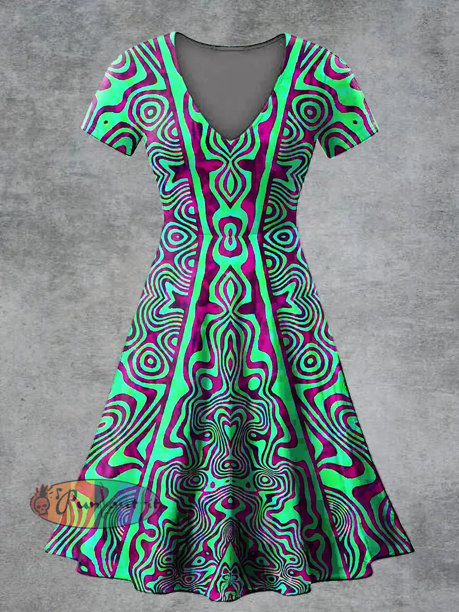 Women’s Casual V Neck Short Sleeve Psychedelic Print Short Sleeve Dress Multicolour / S