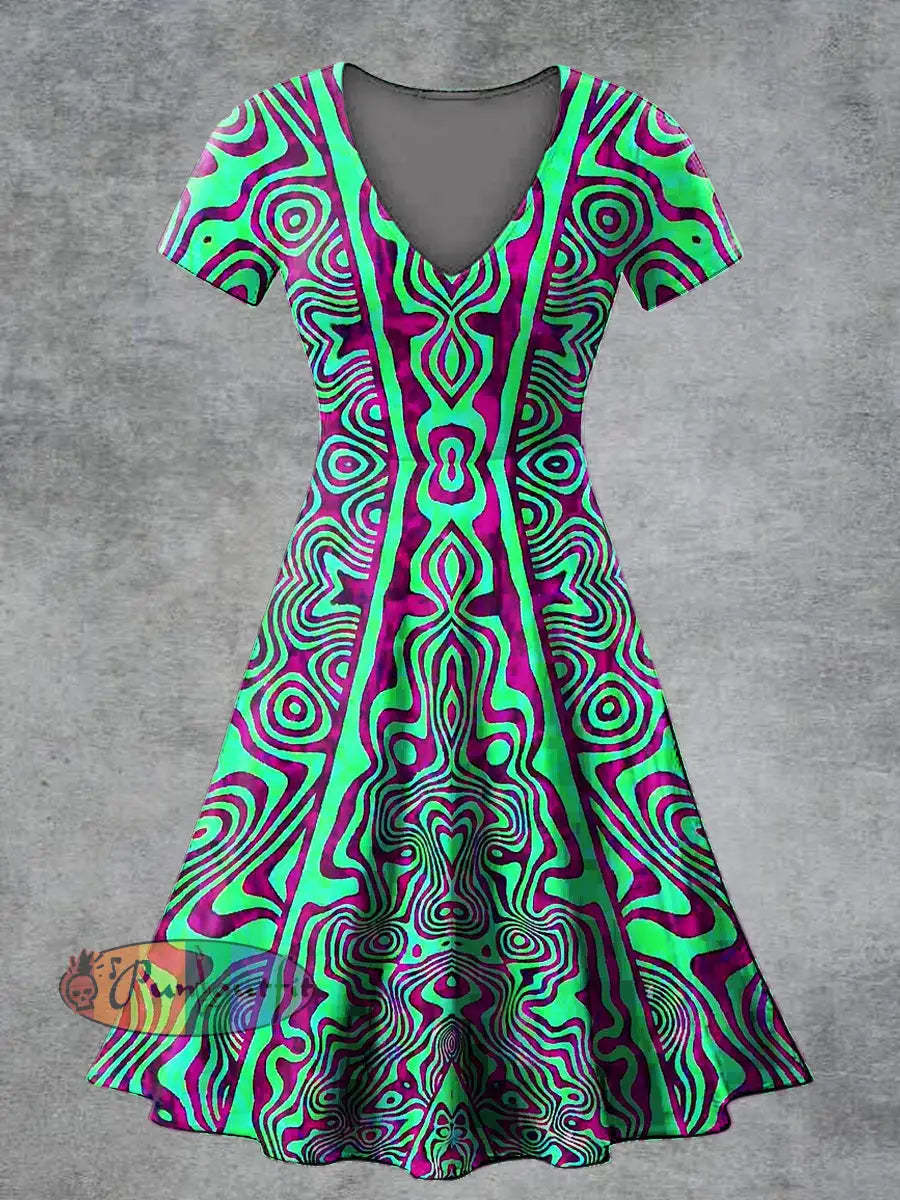 Women’s Casual V Neck Short Sleeve Psychedelic Print Short Sleeve Dress Multicolour / S
