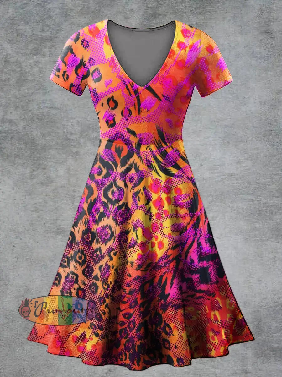 Women’s Casual V Neck Short Sleeve Psychedelic Print Short Sleeve Dress Multicolour / S