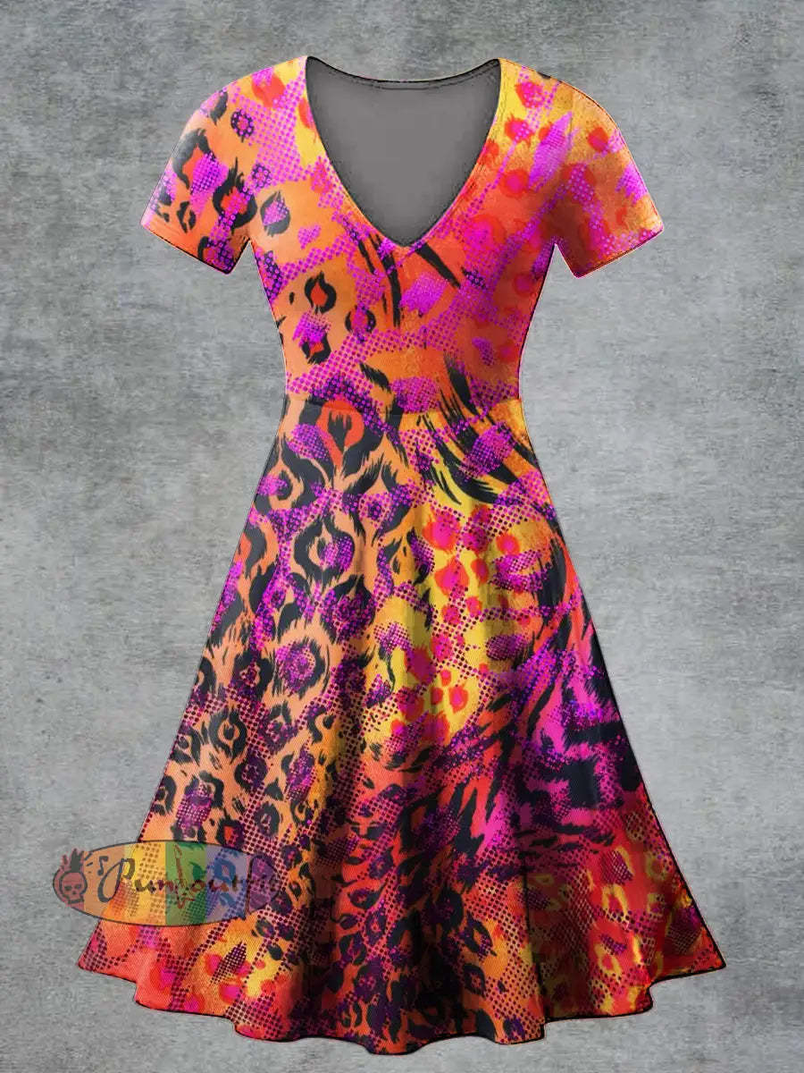 Women’s Casual V Neck Short Sleeve Psychedelic Print Short Sleeve Dress Multicolour / S