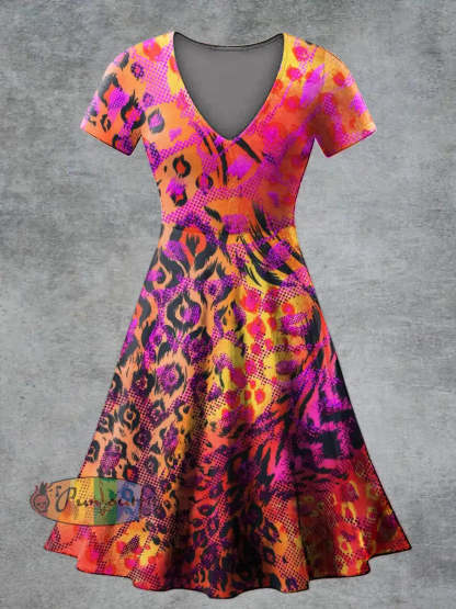 Women’s Casual V Neck Short Sleeve Psychedelic Print Short Sleeve Dress Multicolour / S