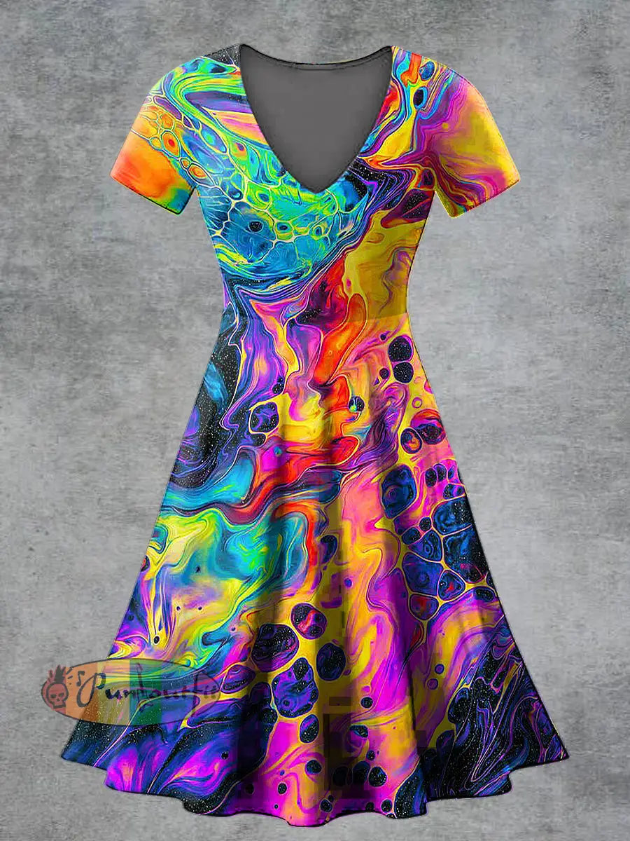 Women’s Casual V Neck Short Sleeve Psychedelic Print Short Sleeve Dress Multicolour / S
