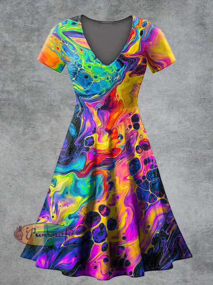 Women’s Casual V Neck Short Sleeve Psychedelic Print Short Sleeve Dress Multicolour / S