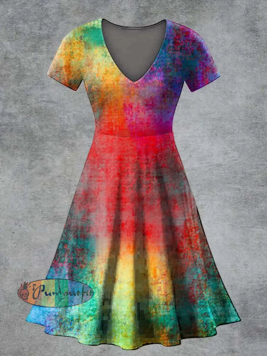Women’s Casual V Neck Short Sleeve Psychedelic Print Short Sleeve Dress Multicolour / S