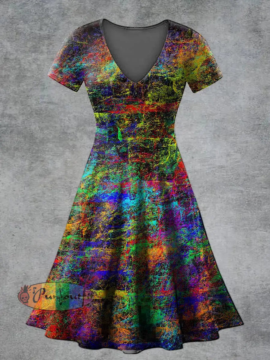 Women’s Casual V Neck Short Sleeve Psychedelic Print Short Sleeve Dress Multicolour / S