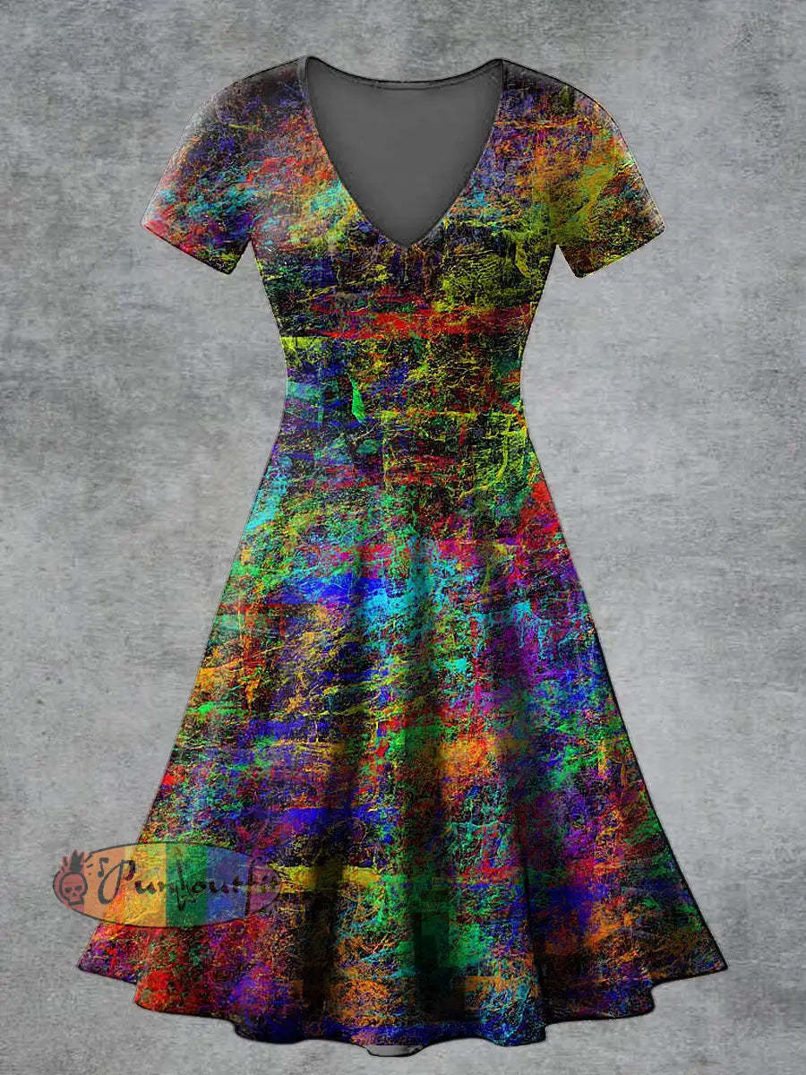 Women’s Casual V Neck Short Sleeve Psychedelic Print Short Sleeve Dress Multicolour / S