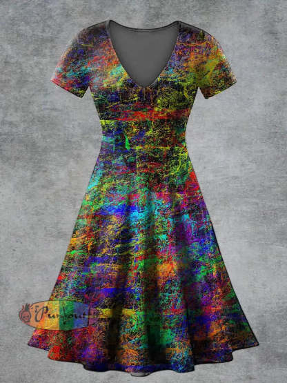 Women’s Casual V Neck Short Sleeve Psychedelic Print Short Sleeve Dress Multicolour / S