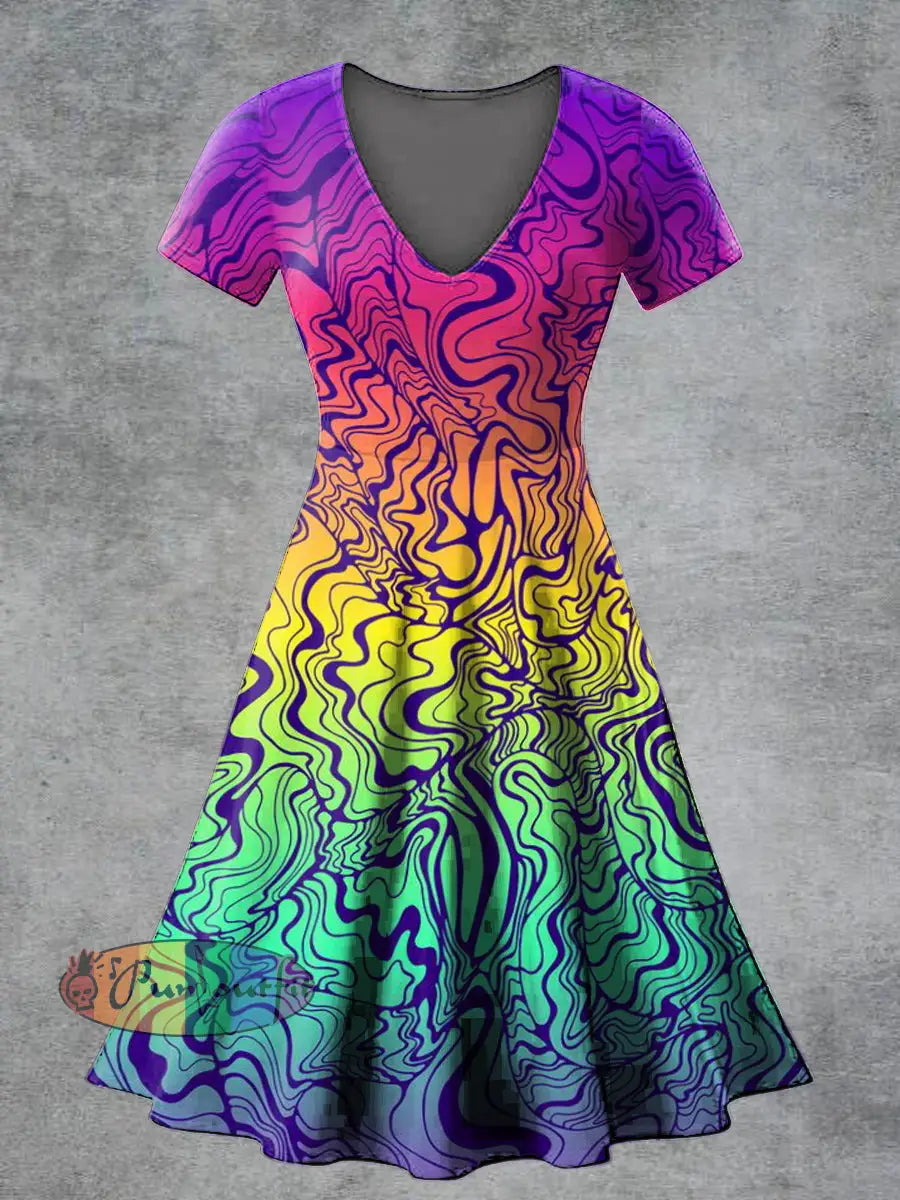 Women’s Casual V Neck Short Sleeve Psychedelic Print Short Sleeve Dress Multicolour / S