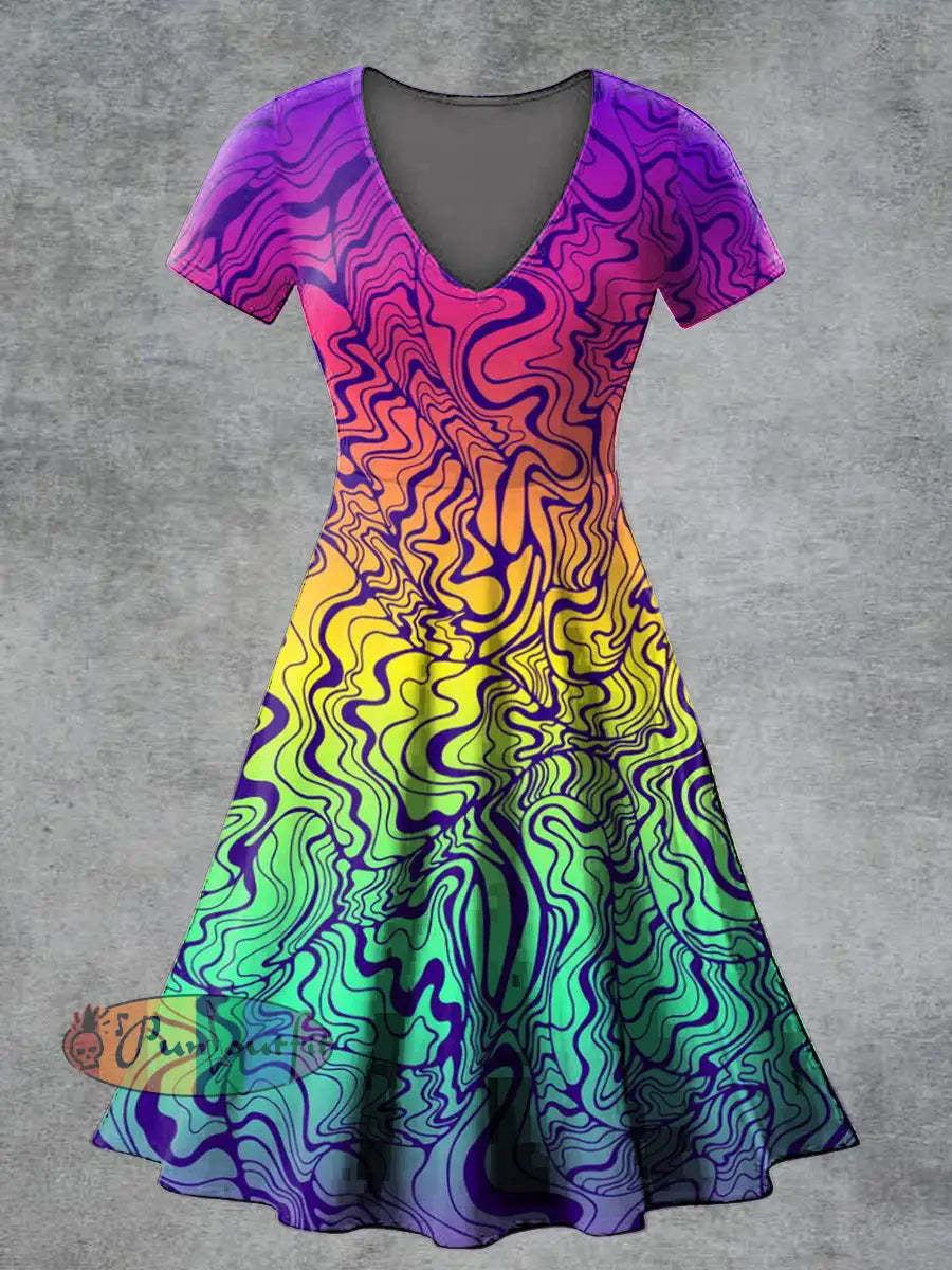 Women’s Casual V Neck Short Sleeve Psychedelic Print Short Sleeve Dress Multicolour / S