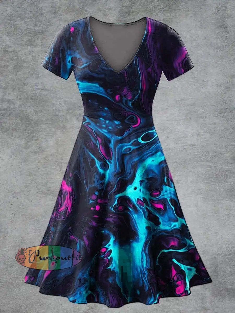 Women’s Casual V Neck Short Sleeve Psychedelic Print Short Sleeve Dress Multicolour / S