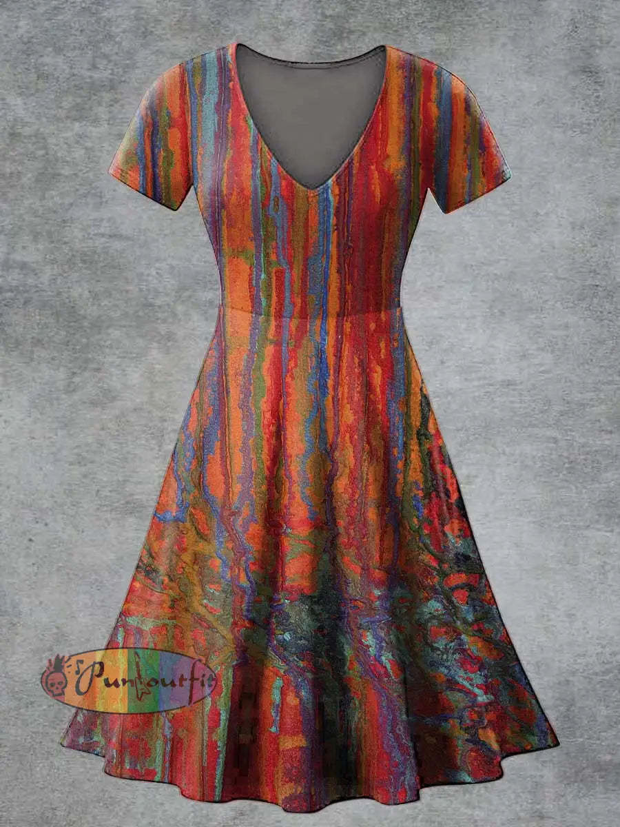 Women’s Casual V Neck Short Sleeve Psychedelic Print Short Sleeve Dress Multicolour / S
