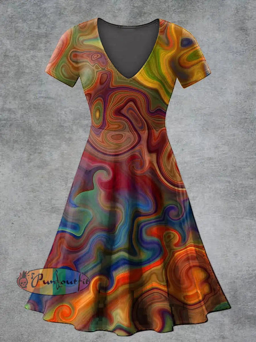 Women’s Casual V Neck Short Sleeve Psychedelic Print Short Sleeve Dress Multicolour / S